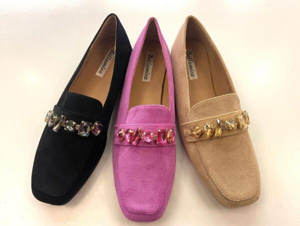 Bellamica Crystal Embellished Suede Loafers – Luxe Slip-Ons in Black, Pink & Beige